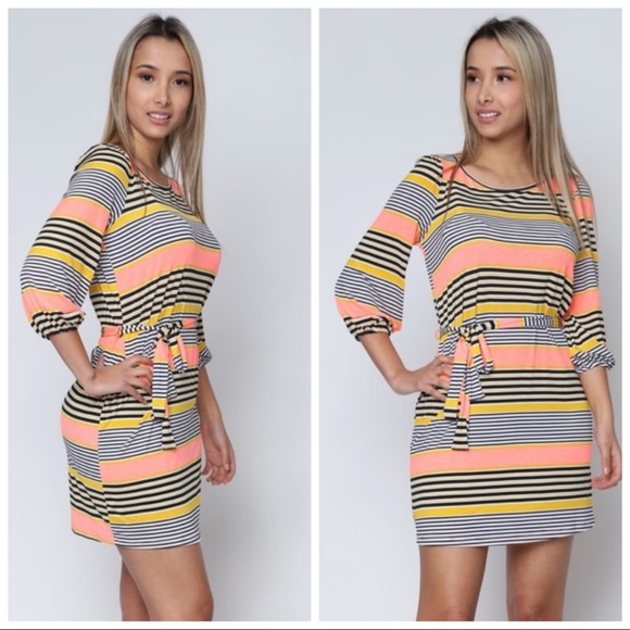 ❤️NEW S Black, Coral, Yellow Tie Waist Dress - Picture 3 of 9